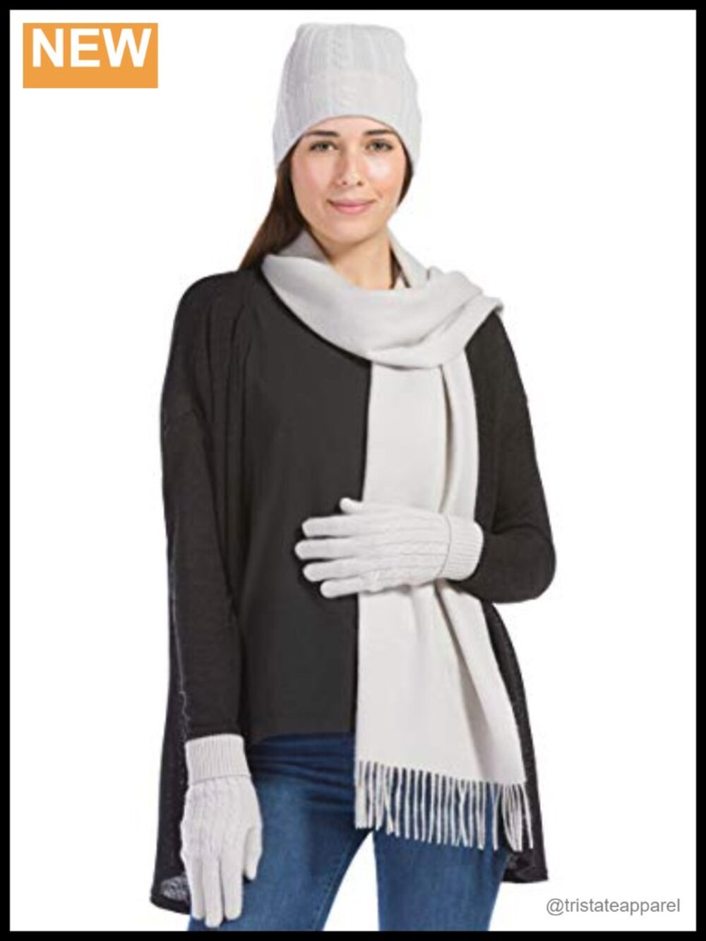 100% Cashmere 3pc Hat Glove Scarf Set Cable Knit Fringe Winter Gift Box
